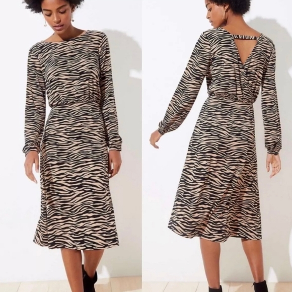NWT LOFT Tiger Stripe Bar Back Midi Dress Petite 12 - Picture 1 of 12